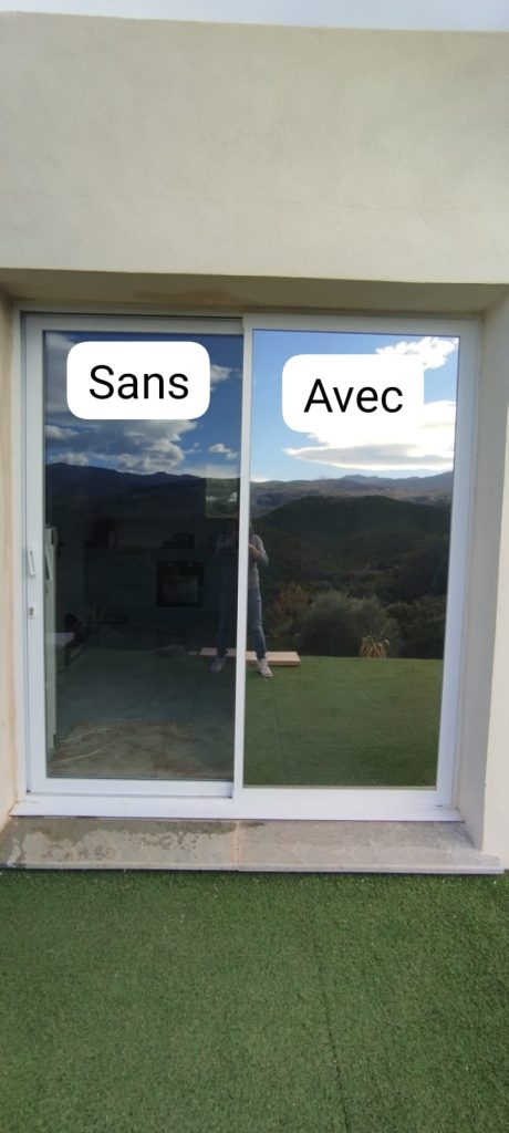 Film solaire anti chaleur, anti U.V, aprés pose de film, vue extèrieur à Olmeta-di-Tuda