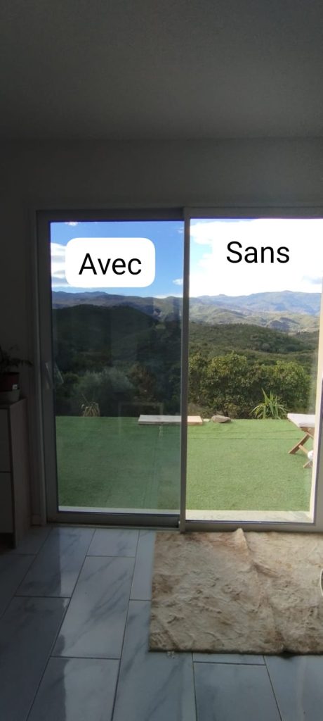 Film solaire anti chaleur, anti U.V, photo avec et sans film vue intèrieur à Olmeta-di-Tuda