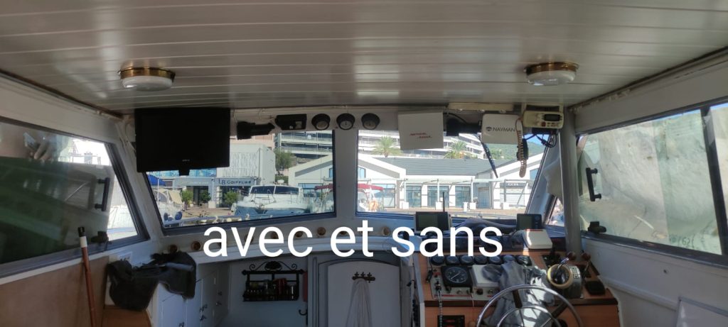 Pare brise vue intérieur avec et sans films bateaux ancien Port de Toga Corse
