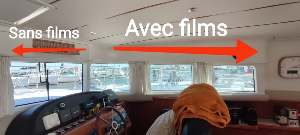 Vitrages vue intérieur avec et sans films Catamaran Port de Taverne Corse