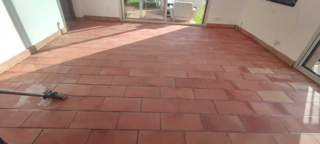 Sol en terre cuite, pare-feuille, brute après décapage avant traitement à Corbara par Caps-2B