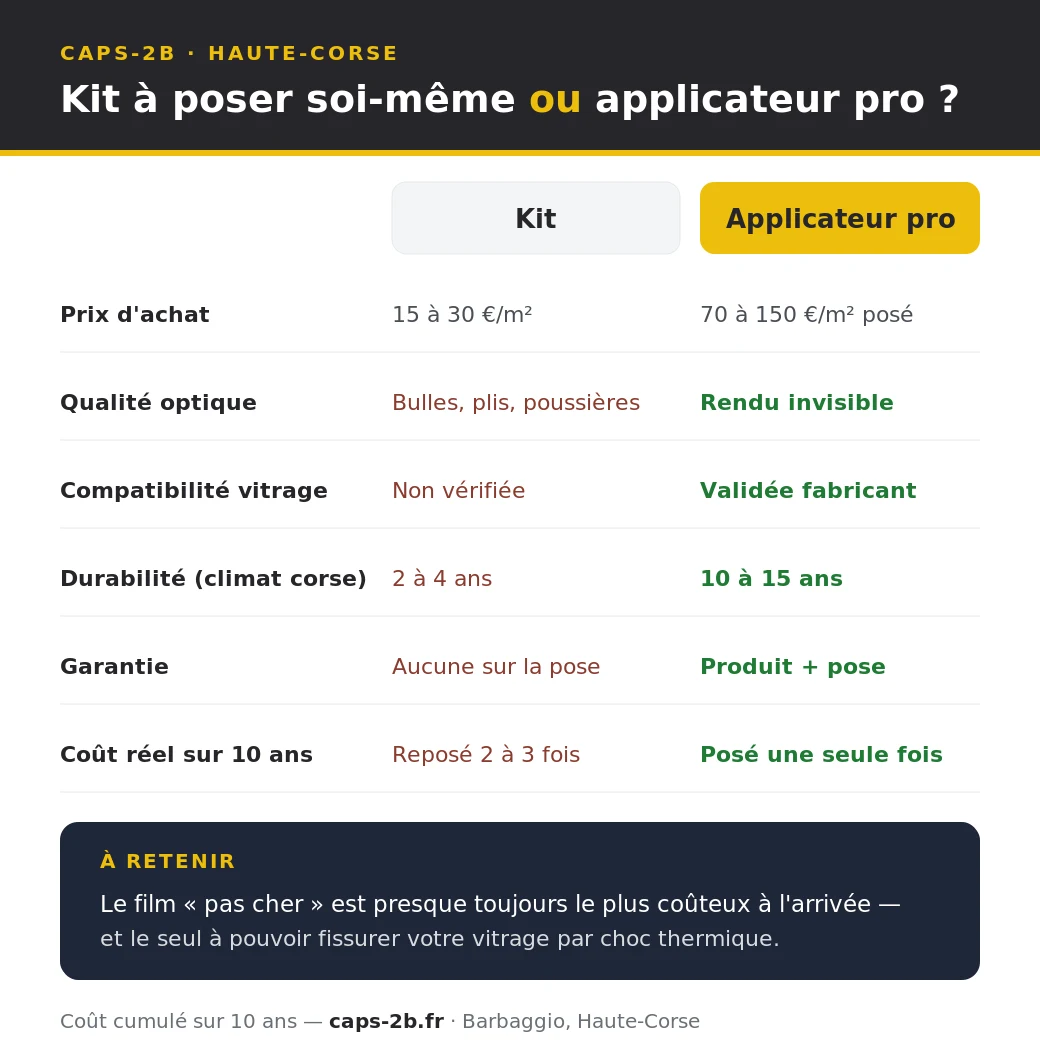 Comparatif du coût réel sur 10 ans entre un kit de film solaire à poser soi-même et une pose par applicateur professionnel