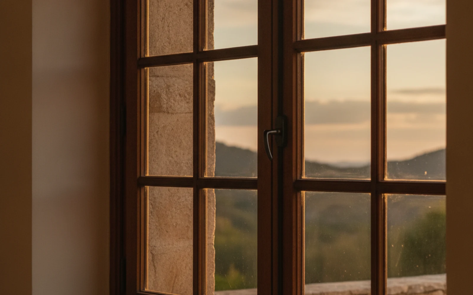 Fenêtre robuste d'une maison corse au verre protégé par un film de sécurité anti-effraction, reflets nets de la lumière d'après-midi en Haute-Corse