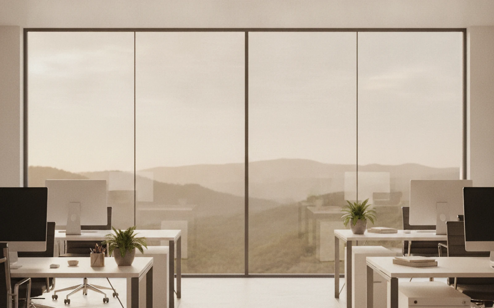 Open-space professionnel en Haute-Corse, grande baie vitrée à lumière maîtrisée, postes avec écrans, ambiance de travail sereine