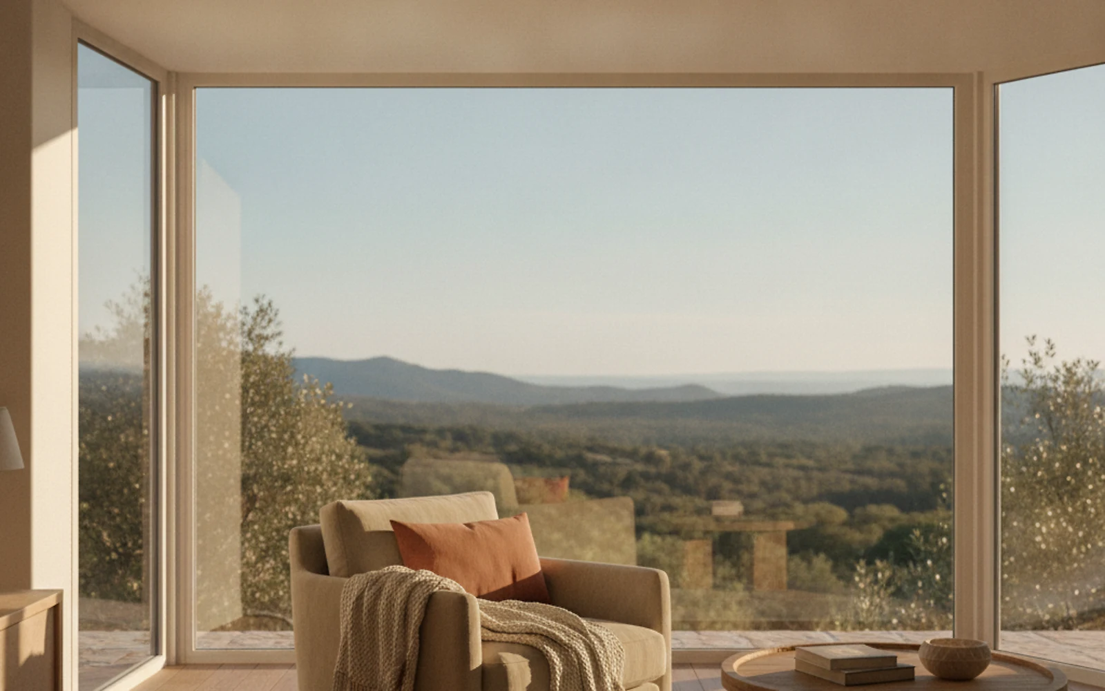 Séjour chaleureux en Haute-Corse un après-midi d'hiver, grande baie vitrée équipée d'un film solaire, lumière rasante et vue sur le maquis corse