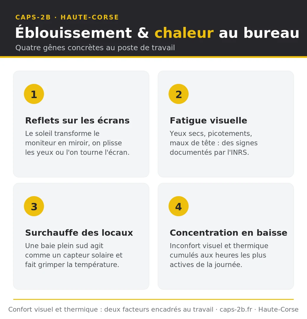 Infographie des quatre effets de l'éblouissement et de la chaleur dans un bureau : fatigue visuelle et reflets sur les écrans, inconfort thermique et surchauffe, baisse de concentration, image dégradée des locaux professionnels