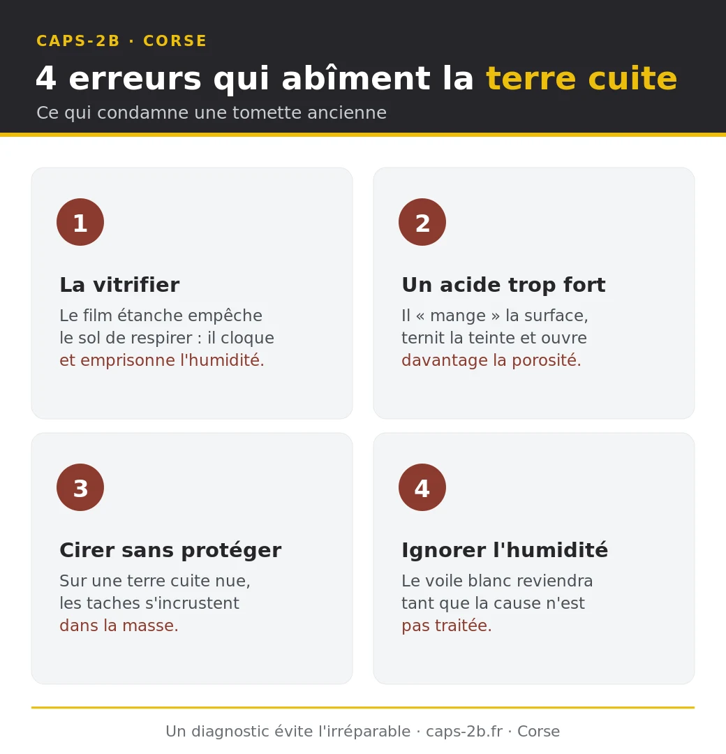 Infographie des quatre erreurs qui abîment une terre cuite ancienne : la vitrifier, employer un acide trop fort, cirer sans avoir bouché les pores, et ignorer les remontées d'humidité