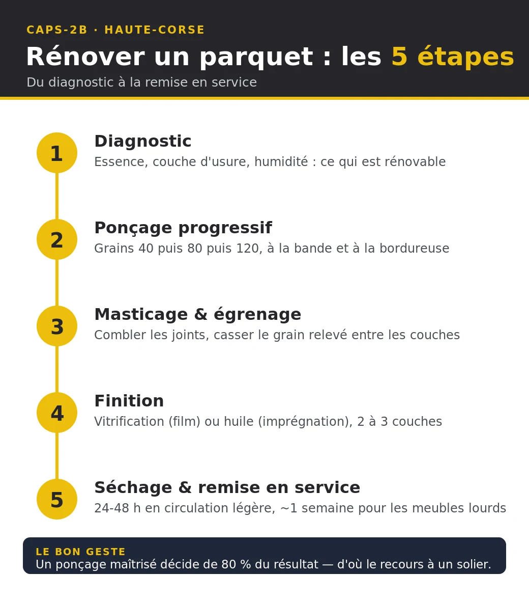 Infographie des cinq étapes d'une rénovation de parquet ancien : diagnostic, ponçage progressif, masticage et égrenage, finition vitrification ou huile, séchage et remise en service
