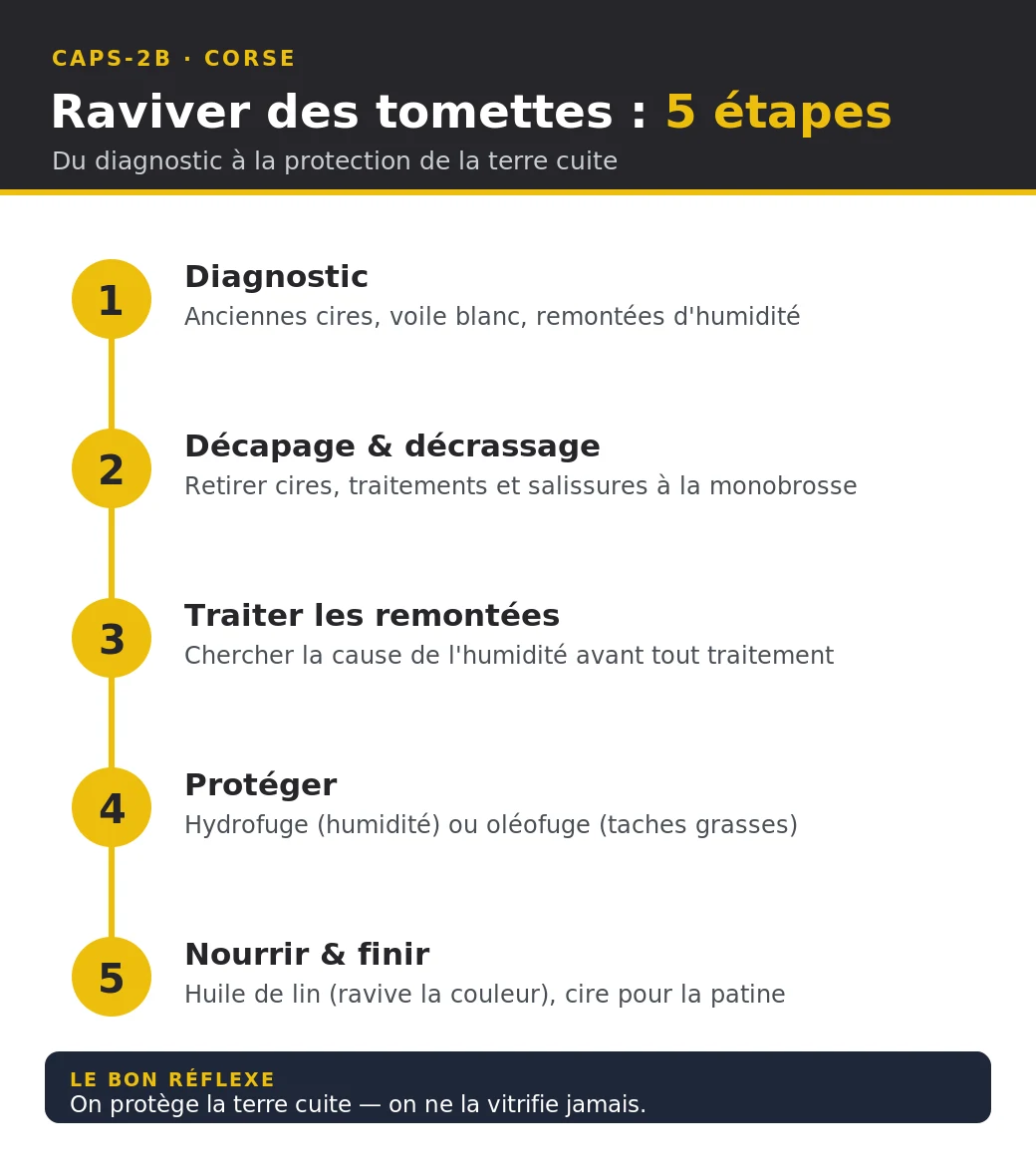 Infographie des cinq étapes pour raviver des tomettes anciennes : diagnostic, décapage et décrassage, traitement des remontées d'humidité, protection hydrofuge ou oléofuge, puis nourrissage à l'huile de lin ou à la cire