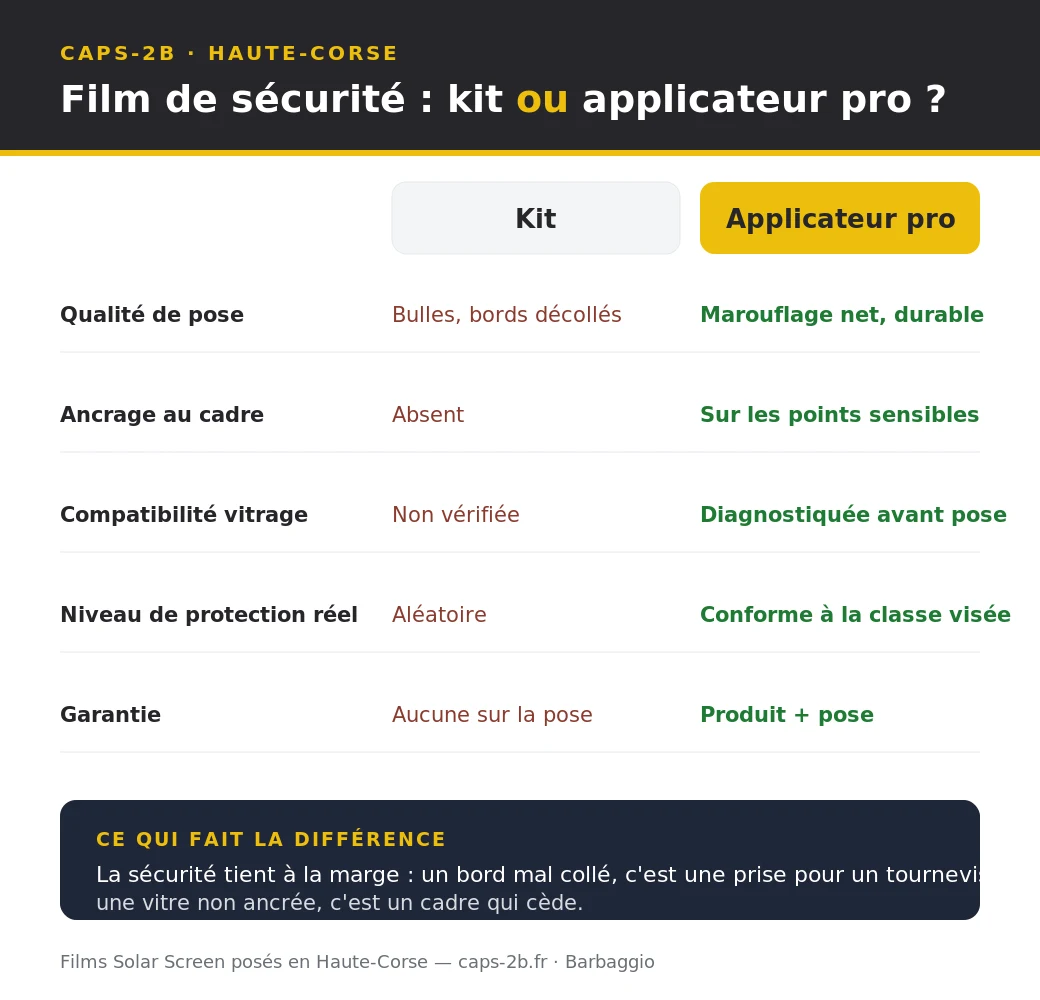Comparatif : film de sécurité posé en kit (bulles, bords décollés, pas d'ancrage) contre pose par applicateur professionnel (marouflage net, ancrage au cadre, compatibilité vérifiée) en Haute-Corse
