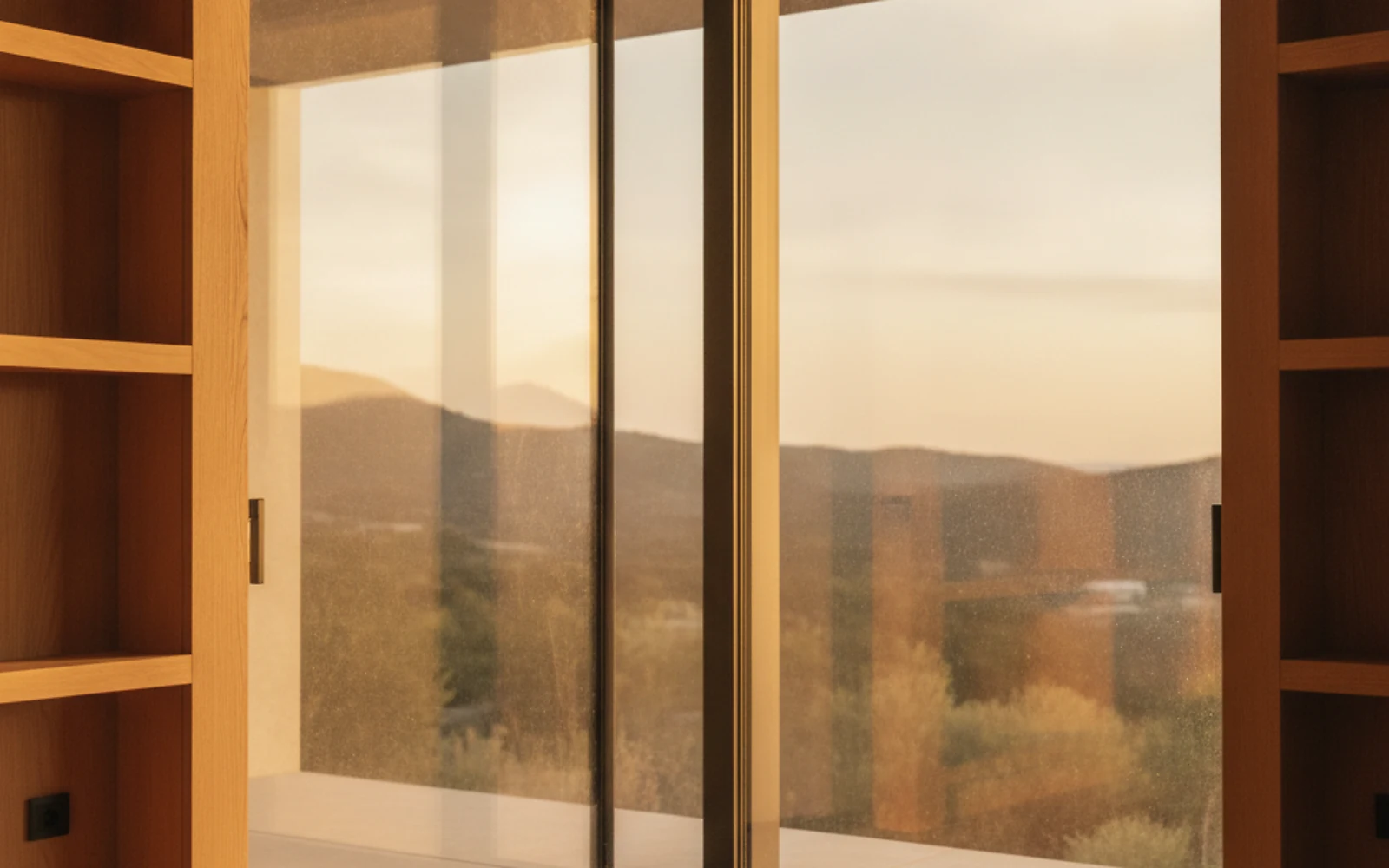 Grande baie vitrée d'angle équipée d'un film solaire anti-chaleur dans un intérieur corse chaleureux, reflet maîtrisé et vue sur les collines en Haute-Corse