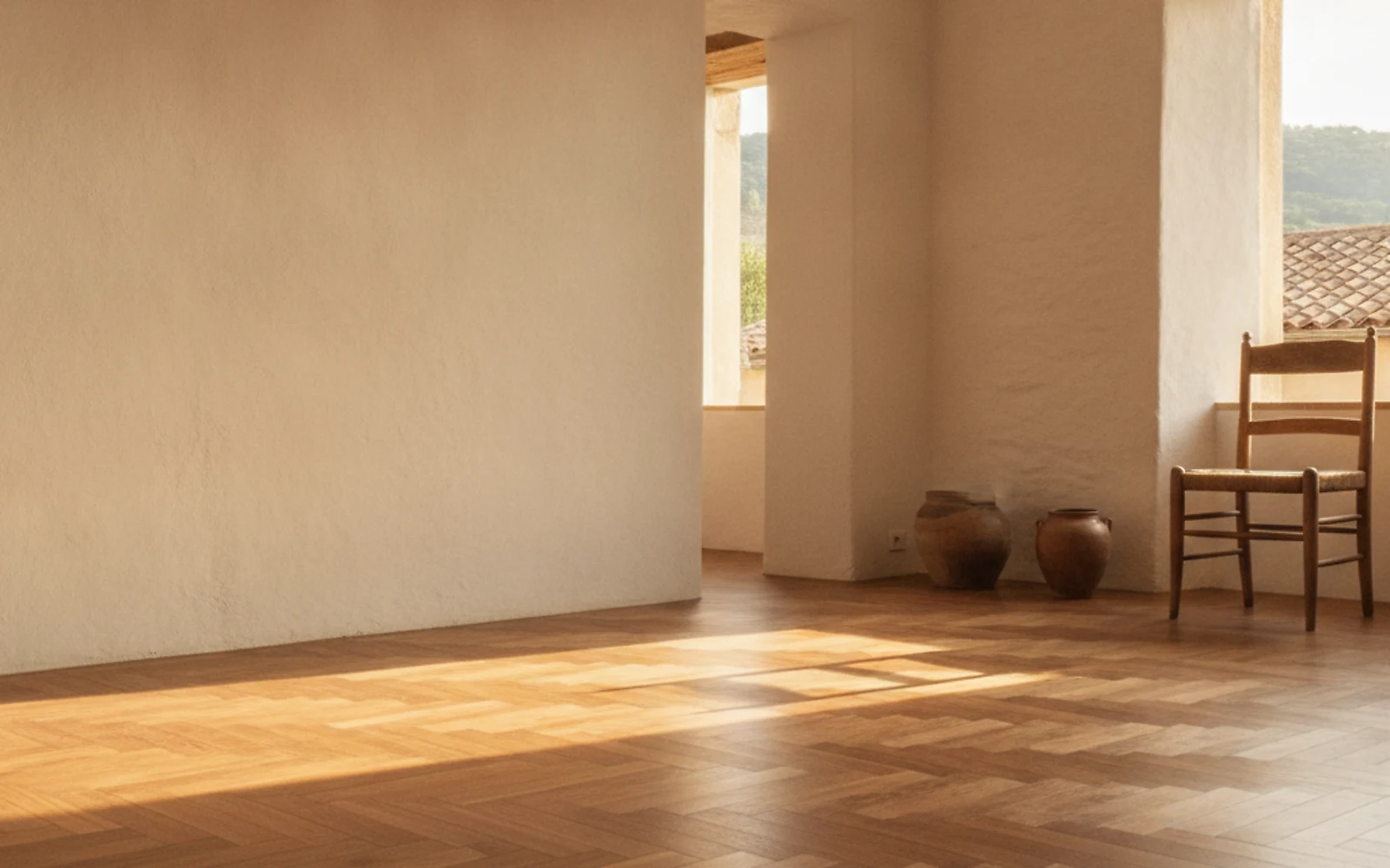 Vieux parquet massif fraîchement poncé et vitrifié, reflets miel sous la lumière rasante, intérieur de maison en Haute-Corse