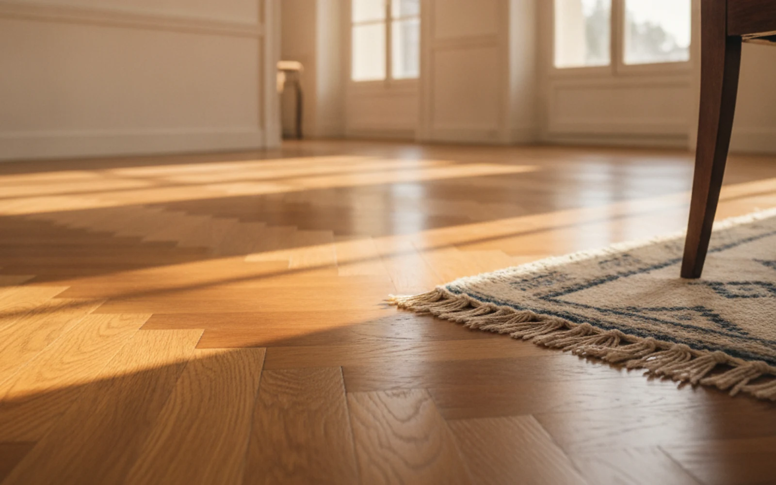Parquet ancien en bois massif fraîchement rénové et vitrifié, lumière rasante et reflets chauds dans un intérieur corse soigné