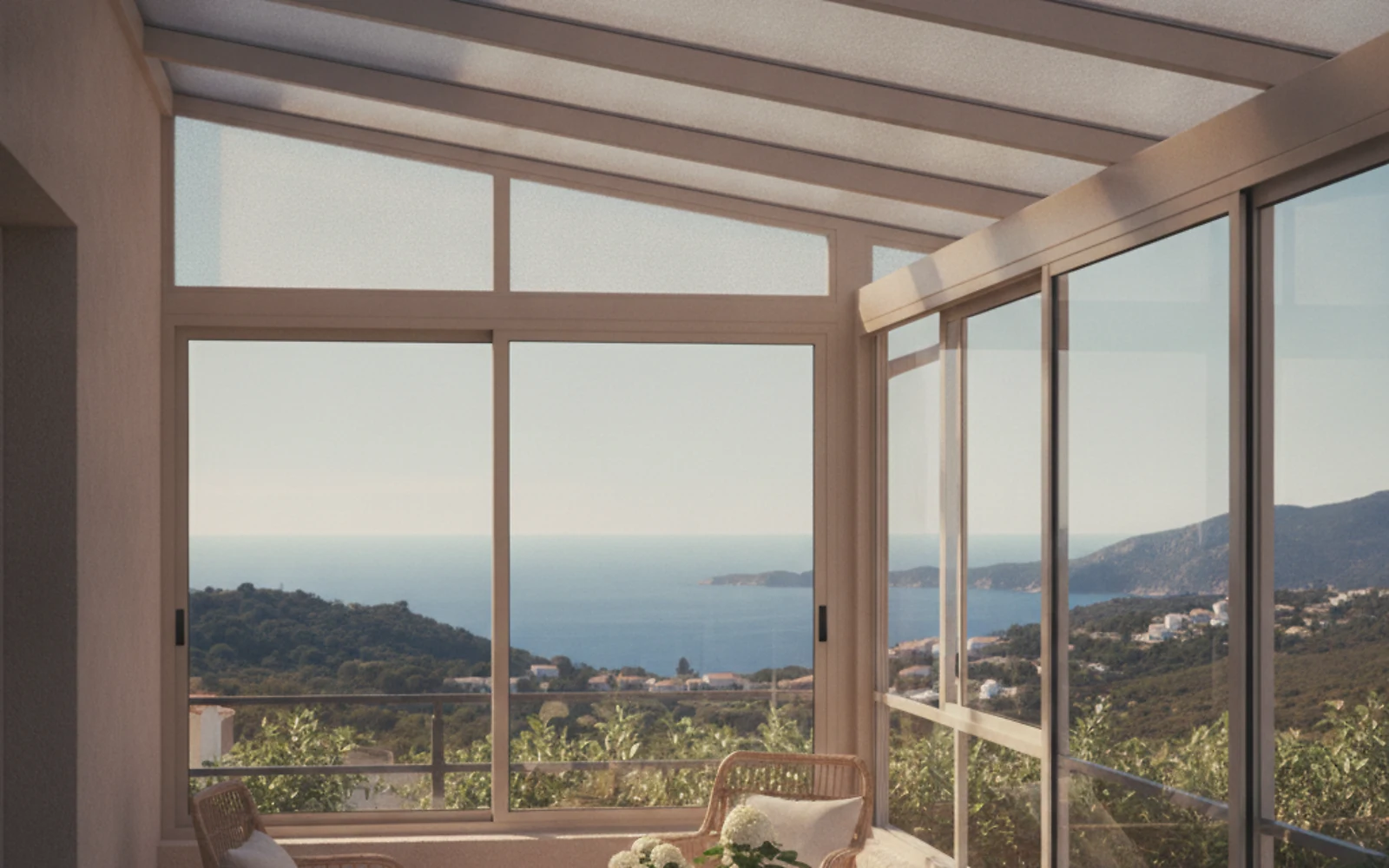 Véranda en Corse avec toiture et baies vitrées traitées en film solaire, intérieur frais et lumineux, vue sur la mer et le maquis