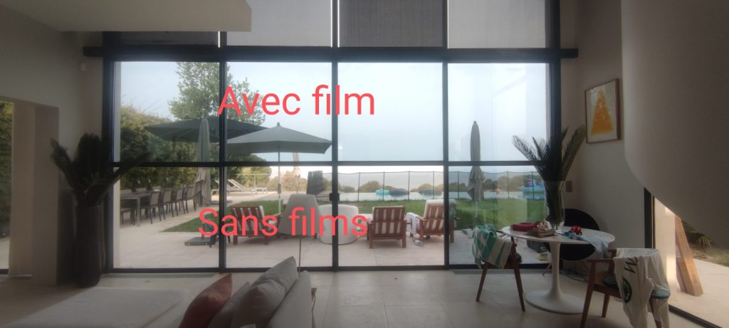 apres renovation vue intérieure avec et sans film solaire façade vitrée île-rousse